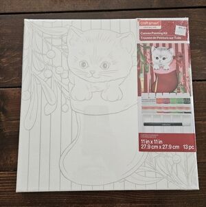 11" x 11" Craft Smart Christmas Canvas Painting Kit Cat in a Stocking NEW